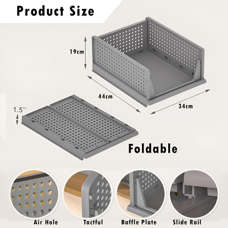 VERAT Plastic Foldable Stackable Organizers Rack Drawer Shelf Storage Container for Home Wardrobe Cupboard 3PC GREY - Image 3