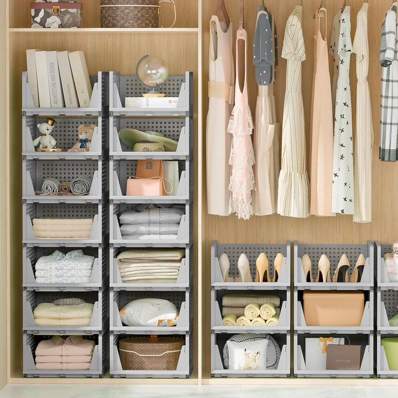 VERAT Plastic Foldable Stackable Organizers Rack Drawer Shelf Storage Container for Home Wardrobe Cupboard 3PC GREY - Image 2