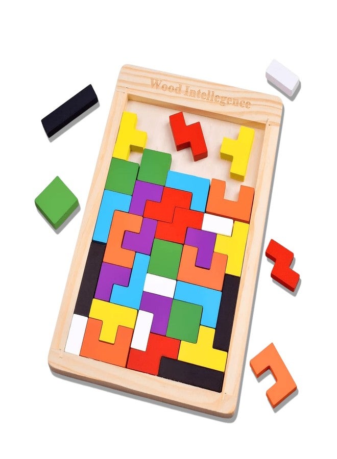 Bugbee Toys Wooden Tangram Puzzles for Kids | 40 Piece Russian Blocks Brain Teaser, Montessori Educational Toy, Shape Sorting Game, STEM Wooden Building Blocks for Kids & Toddlers Ages 3-8 - Image 1