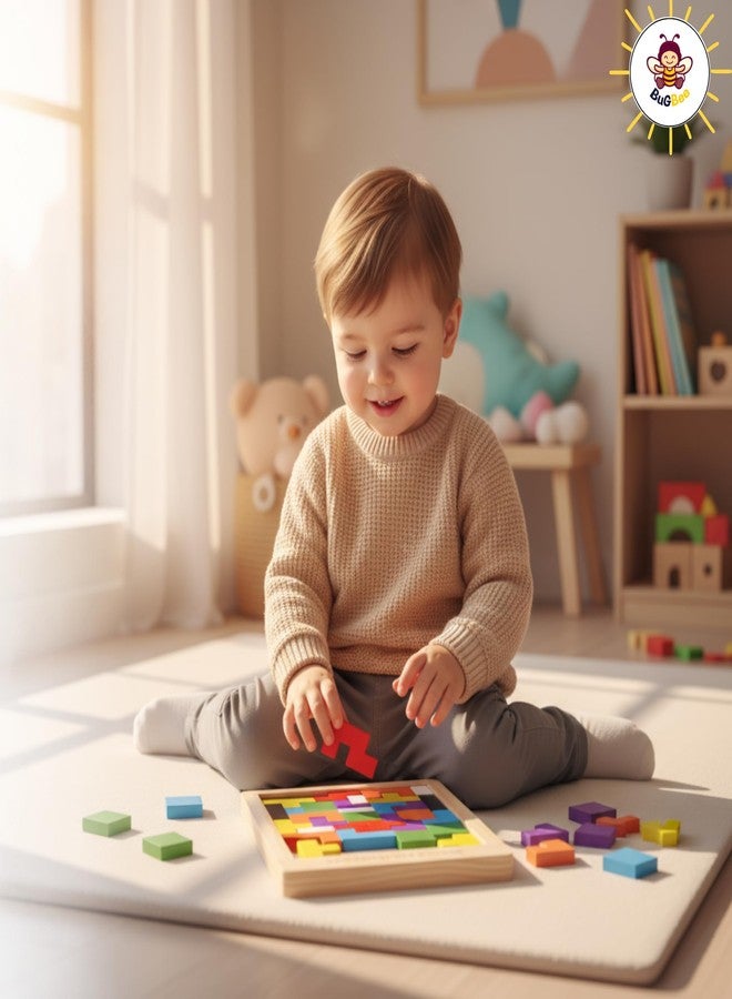 Bugbee Toys Wooden Tangram Puzzles for Kids | 40 Piece Russian Blocks Brain Teaser, Montessori Educational Toy, Shape Sorting Game, STEM Wooden Building Blocks for Kids & Toddlers Ages 3-8 - Image 4