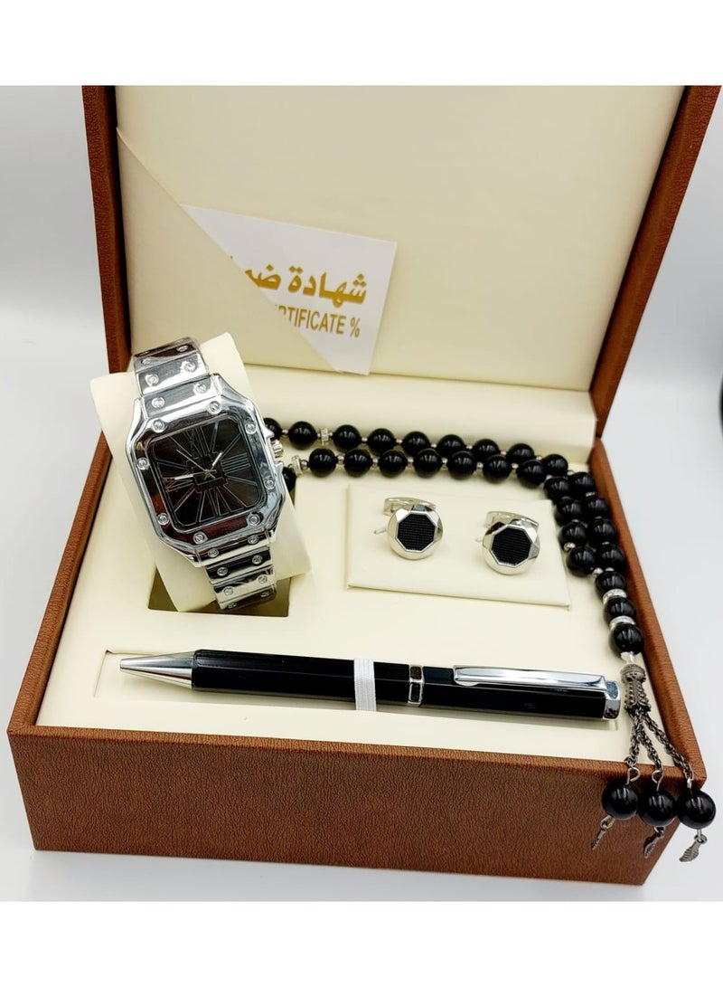 مونتيرا طقم رجالي مكون من ٤ قطع ساعة وقلم وكبك وسبحه