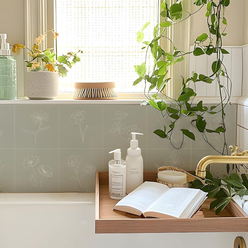 Alwayspon Self Adhesive Vinyl Wall Tile Stickers, 10Pcs 20cm/8inch Peel and Stick Tiles Transfer Vinyl Flooring Waterproof Splash Guard for Kitchen Bathroom, Sage Green - Image 1