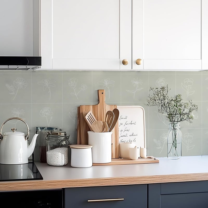 Alwayspon Self Adhesive Vinyl Wall Tile Stickers, 10Pcs 20cm/8inch Peel and Stick Tiles Transfer Vinyl Flooring Waterproof Splash Guard for Kitchen Bathroom, Sage Green - Image 3