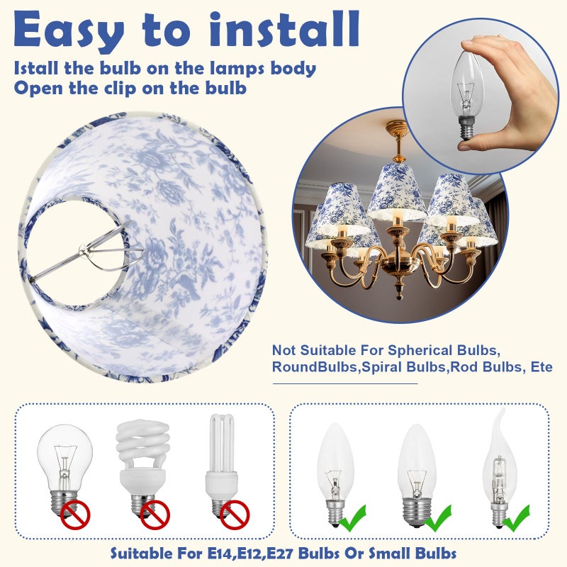 Vihose 6 Pcs Chandelier Lamp Shades Small Lamp Shade 3 Top x 6'' Bottom x 5'' Slant French Countryside Toile Clip on Lampshade for Wall Sconces Pendant Lighting(Floral,Blue) - Image 4