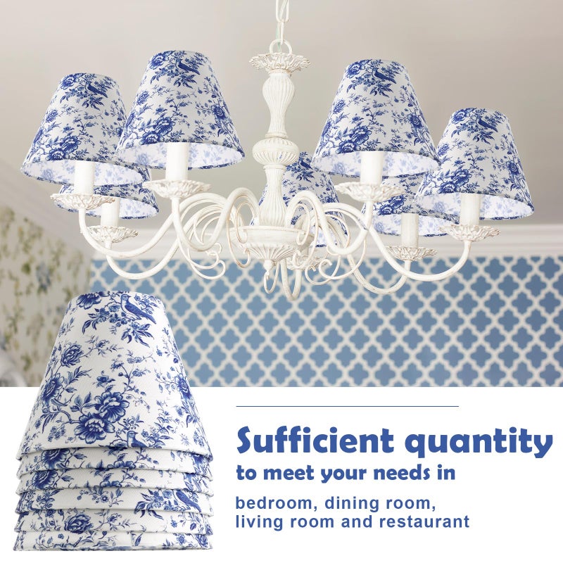 Vihose 6 Pcs Chandelier Lamp Shades Small Lamp Shade 3 Top x 6'' Bottom x 5'' Slant French Countryside Toile Clip on Lampshade for Wall Sconces Pendant Lighting(Floral,Blue) - Image 5