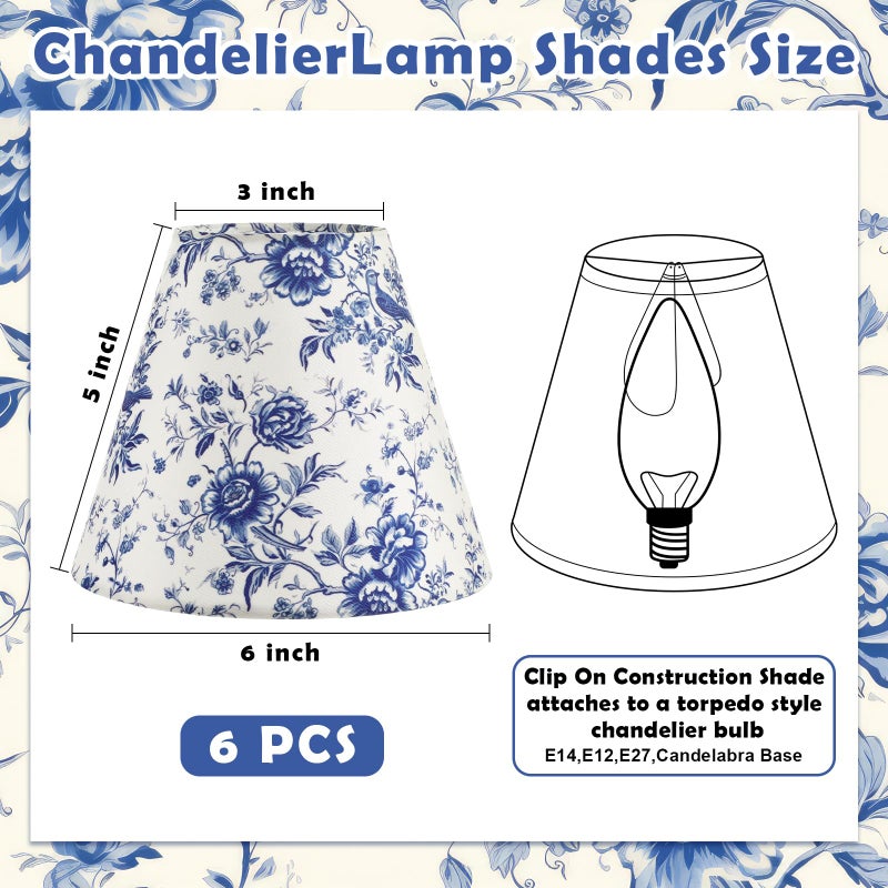 Vihose 6 Pcs Chandelier Lamp Shades Small Lamp Shade 3 Top x 6'' Bottom x 5'' Slant French Countryside Toile Clip on Lampshade for Wall Sconces Pendant Lighting(Floral,Blue) - Image 2