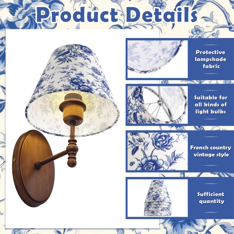 Vihose 6 Pcs Chandelier Lamp Shades Small Lamp Shade 3 Top x 6'' Bottom x 5'' Slant French Countryside Toile Clip on Lampshade for Wall Sconces Pendant Lighting(Floral,Blue) - Image 3