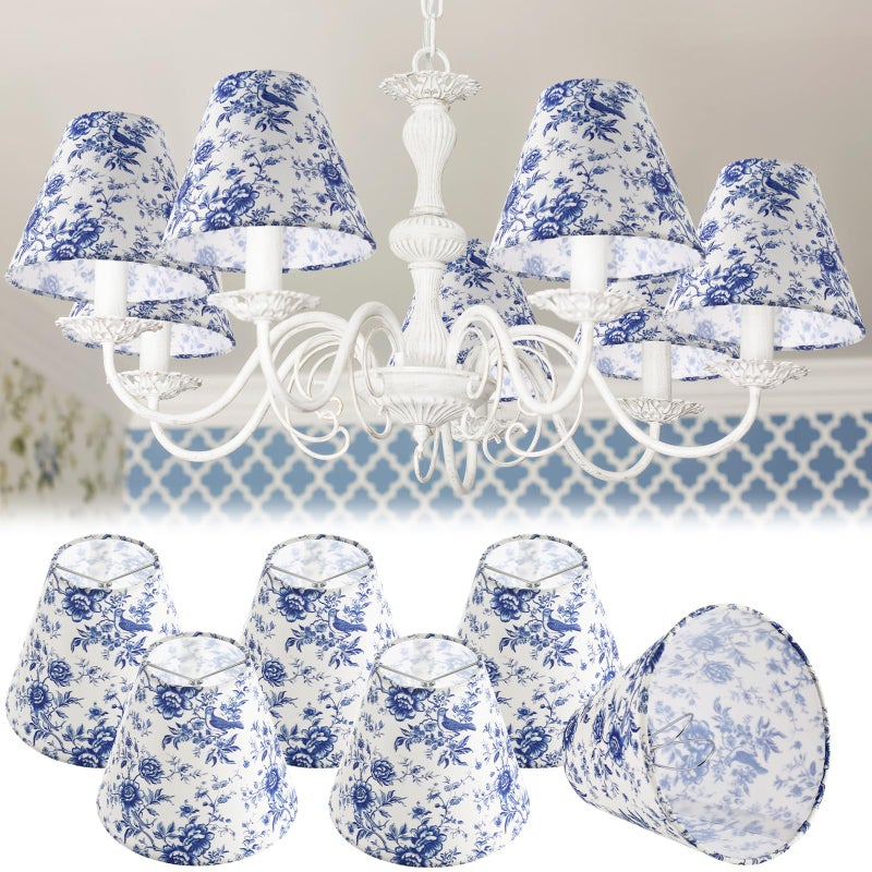 Vihose 6 Pcs Chandelier Lamp Shades Small Lamp Shade 3 Top x 6'' Bottom x 5'' Slant French Countryside Toile Clip on Lampshade for Wall Sconces Pendant Lighting(Floral,Blue) - Image 1