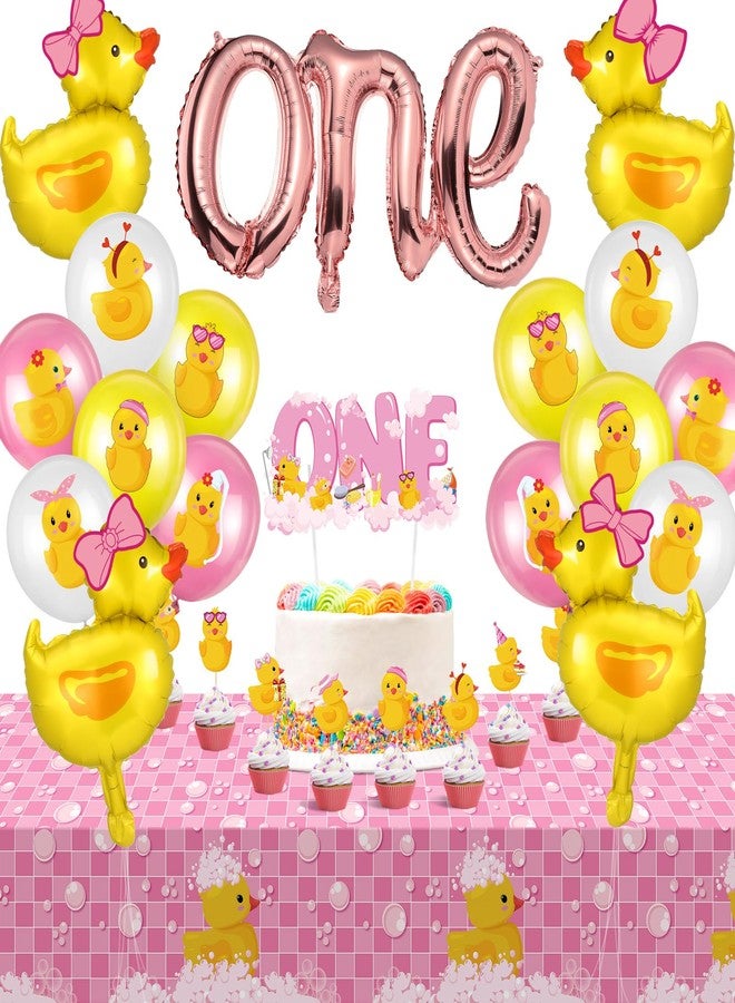 Glimin 44 Pcs Duck 1st Birthday Decorations Yellow Duck Rubber Latex Foil Balloon One Birthday Cake Topper Tablecloths Party Decor(Cute) - Image 1