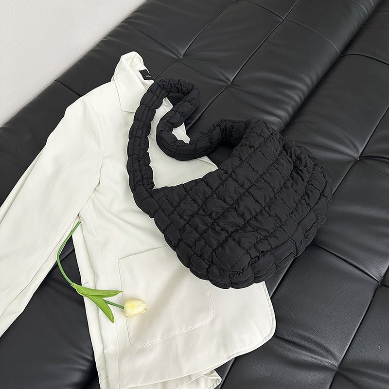 Korean Pleated Cloud Puffer Tote Crossbody Bag Black