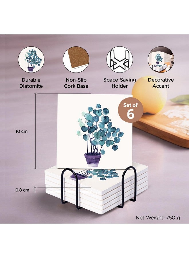 Urbane Home Urbane Home Set of 6 Diatomite Blueberry Print Square Coasters with Cork Steel Holder Stand for Hot Pots - Water Absorbent Tea Cup & Water Glass Cover Top Lid | White-SOV004-03  - Image 4
