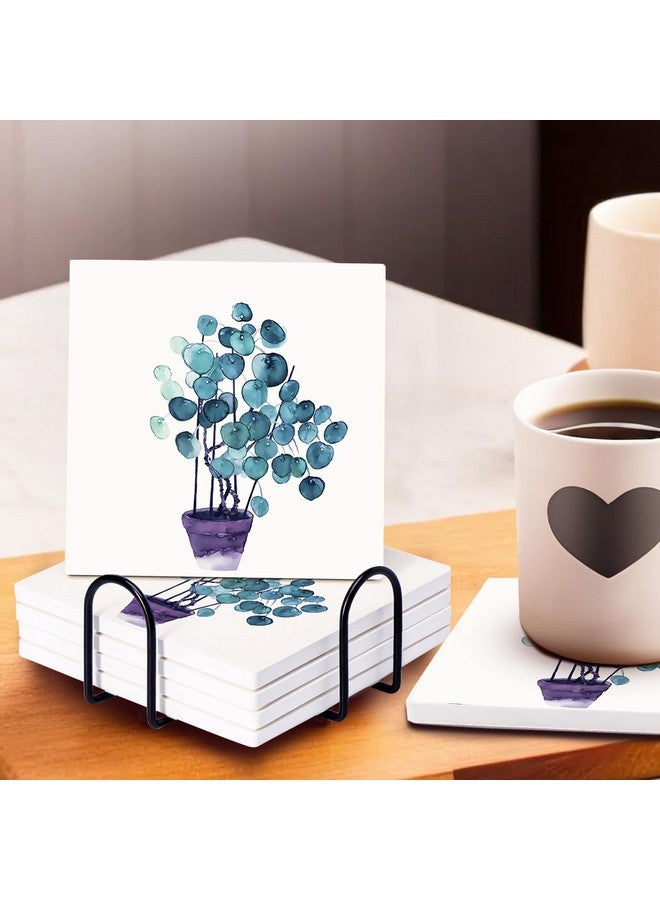 Urbane Home Urbane Home Set of 6 Diatomite Blueberry Print Square Coasters with Cork Steel Holder Stand for Hot Pots - Water Absorbent Tea Cup & Water Glass Cover Top Lid | White-SOV004-03  - Image 1