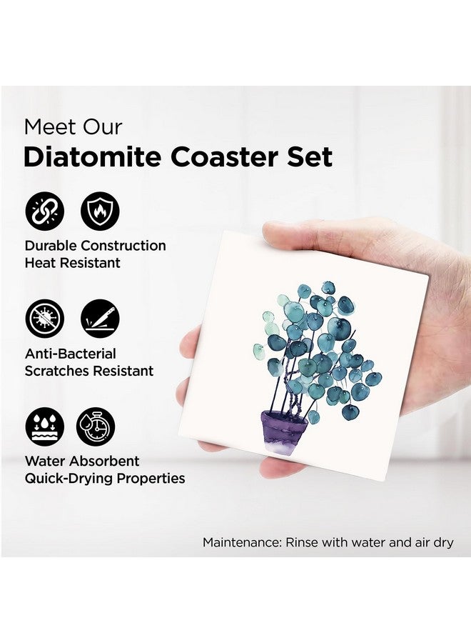 Urbane Home Urbane Home Set of 6 Diatomite Blueberry Print Square Coasters with Cork Steel Holder Stand for Hot Pots - Water Absorbent Tea Cup & Water Glass Cover Top Lid | White-SOV004-03  - Image 3