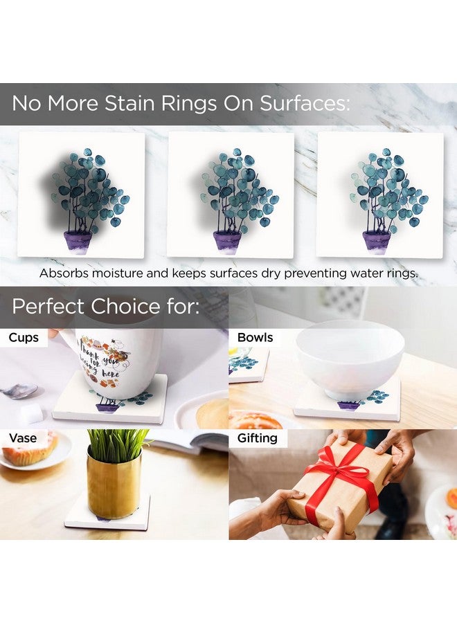 Urbane Home Urbane Home Set of 6 Diatomite Blueberry Print Square Coasters with Cork Steel Holder Stand for Hot Pots - Water Absorbent Tea Cup & Water Glass Cover Top Lid | White-SOV004-03  - Image 5