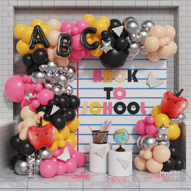 Heukikt Back to School Balloon Arch Kit 144pcs Hot Pink Black Yellow Balloons Garland with Apple ABC Foil Balloons for First Day of School Kindergarten Graduation Party Decorations - Image 2