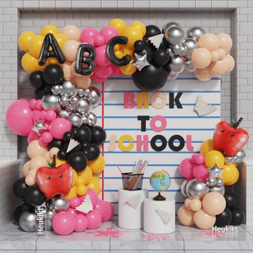 Heukikt Back to School Balloon Arch Kit 144pcs Hot Pink Black Yellow Balloons Garland with Apple ABC Foil Balloons for First Day of School Kindergarten Graduation Party Decorations - Image 1