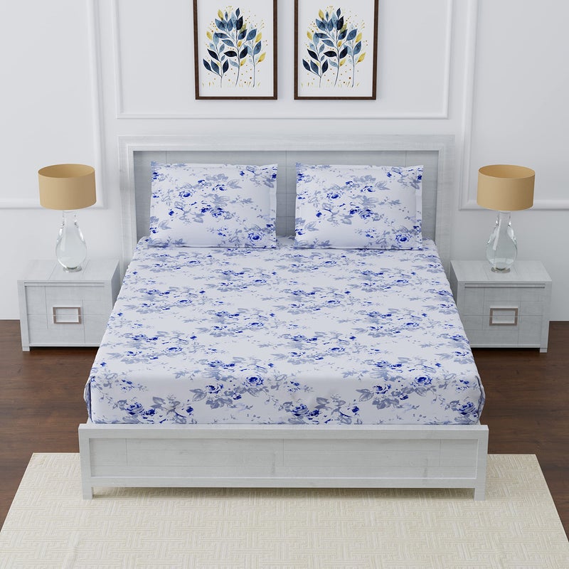 DAKSH 180TC Fitted 100% Cotton Premium Printed Twin Size BedSheet, Blue & Grey (48x78 Inches) with 1 Pillow Covers - Image 5