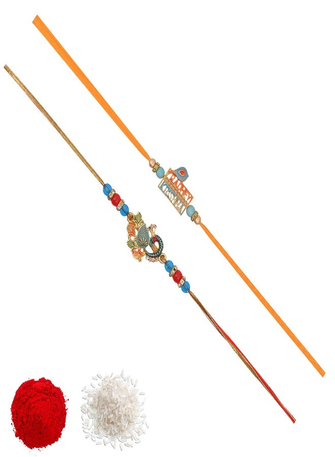 Vientiq Men's Set of 2 Rakhi for Brother Krishna & Peacock Rakhi Traditional Rakshabandhan with Roli Chawal - Image 1