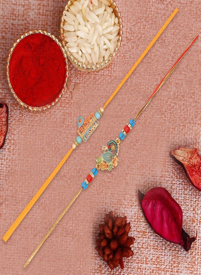 Vientiq Men's Set of 2 Rakhi for Brother Krishna & Peacock Rakhi Traditional Rakshabandhan with Roli Chawal - Image 2