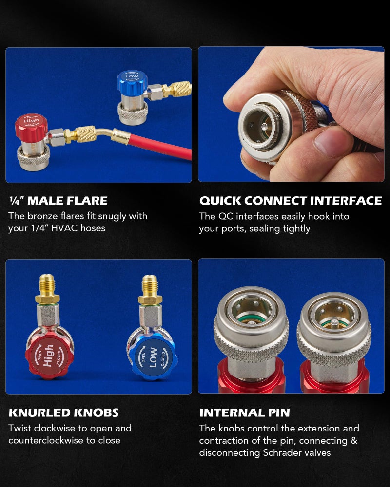 Orion Motor Tech R134a Quick Coupler Adapter, Adjustable R134a Adapters and AC Hose Fittings, HP and LP Connectors for R134a Car AC System Evacuation Recharging and More, 1/4" Flares, Set of 2 - Image 3