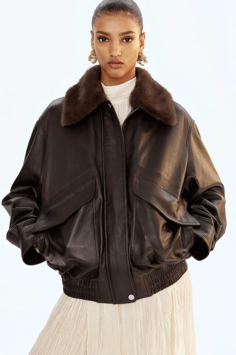 اتش اند ام جاكيت جلدي فضفاض