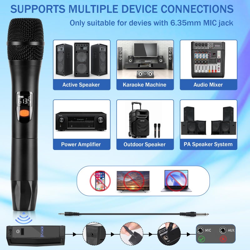 Kmise Wireless Microphones, Dual Cordless Mics 2x30 UHF Adjustable Frequencies with 2 Metal Microphones,Rechargeable Receiver,Auto Paired,1/4 "Output for Karaoke,Party,DJ,Wedding,Church - Image 5