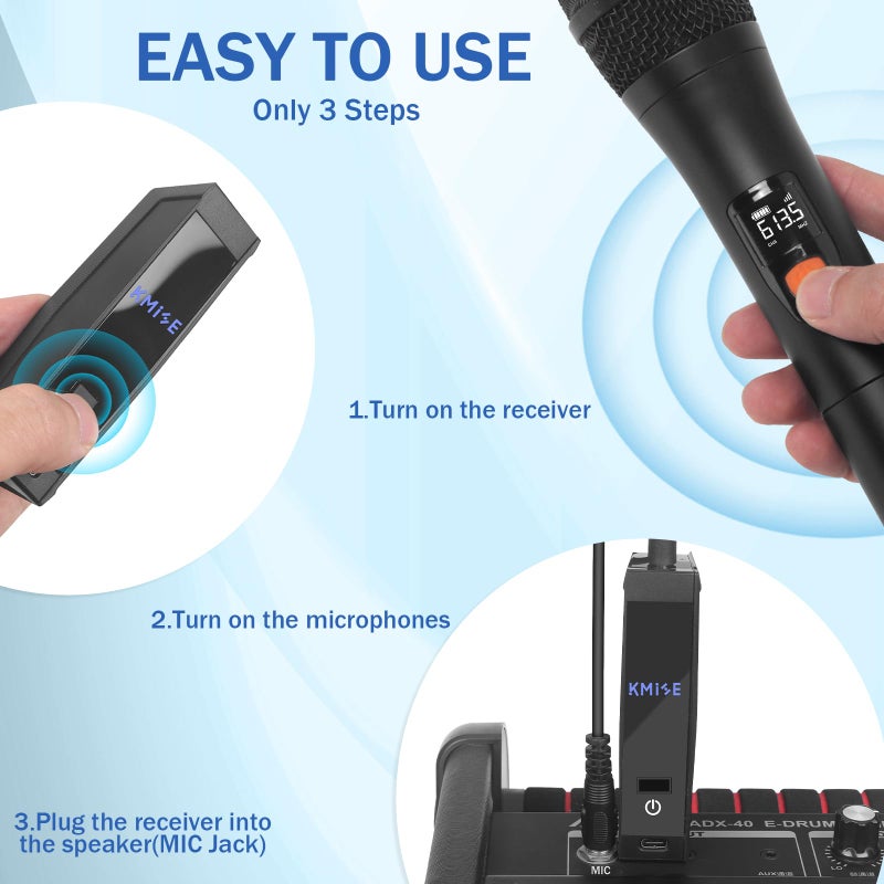 Kmise Wireless Microphones, Dual Cordless Mics 2x30 UHF Adjustable Frequencies with 2 Metal Microphones,Rechargeable Receiver,Auto Paired,1/4 "Output for Karaoke,Party,DJ,Wedding,Church - Image 2