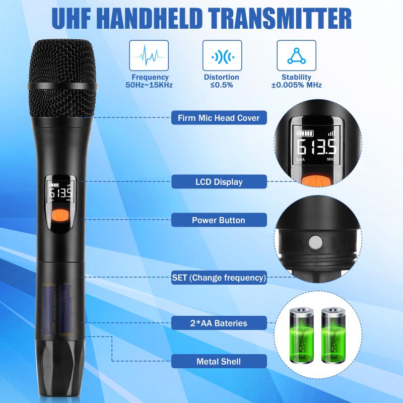 Kmise Wireless Microphones, Dual Cordless Mics 2x30 UHF Adjustable Frequencies with 2 Metal Microphones,Rechargeable Receiver,Auto Paired,1/4 "Output for Karaoke,Party,DJ,Wedding,Church - Image 3