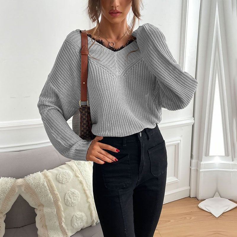Popular Autumn and Winter New Spliced ​​Lace Pullover V Neck Commuter Style Knitted Sweater for Women - Image 1