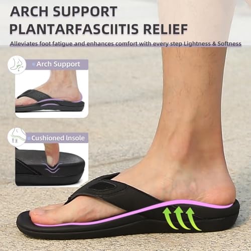 MEGNYA Mens Orthopedic Walking Sandals with Arch Support Flat Feet Flip Flops Thong for Plantar Fasciitis Pain Casual Outdoor Sport pure black Size 9 - Image 2