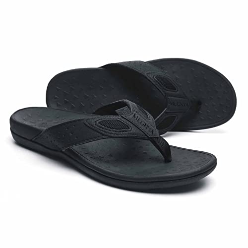 MEGNYA Mens Orthopedic Walking Sandals with Arch Support Flat Feet Flip Flops Thong for Plantar Fasciitis Pain Casual Outdoor Sport pure black Size 9 - Image 1