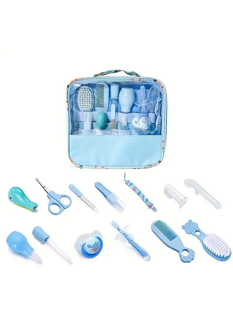 أطفال صغيرة مجموعة العناية الصحية والعناية الشخصية المحمولة المكونة من 13 قطعة، مجموعة العناية بالسلامة 13 في 1 مع منظف الأنف وفرشاة تنظيف اللسان والمزيد باللون الأزرق - Image 1