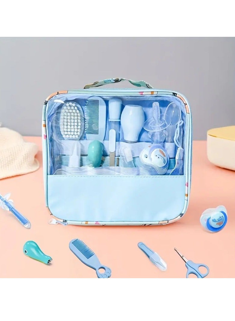 أطفال صغيرة مجموعة العناية الصحية والعناية الشخصية المحمولة المكونة من 13 قطعة، مجموعة العناية بالسلامة 13 في 1 مع منظف الأنف وفرشاة تنظيف اللسان والمزيد باللون الأزرق - Image 3