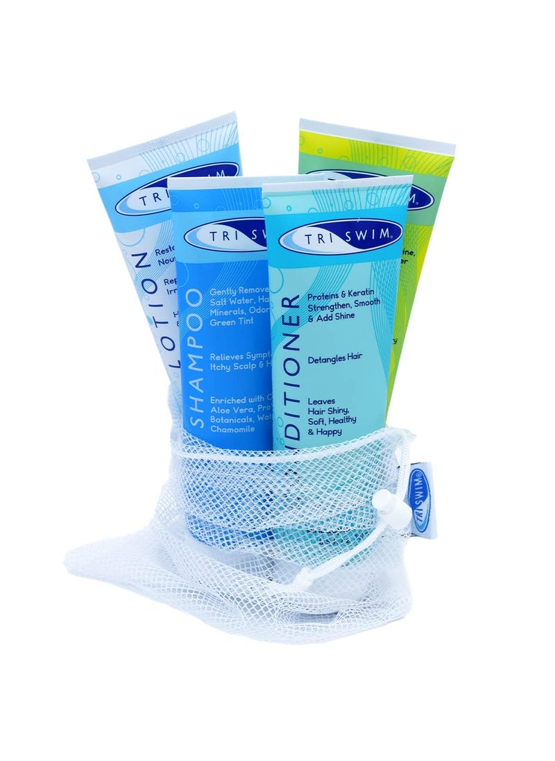 Triswim TRISWIM Gift Set Value Pack of 4 + Mesh Bag Travel Kit Swim Care Chlorine Removal Body Wash + Swimmers Shampoo + Conditioner and Lotion 8.5 fl oz for Hydrated Skin and Healthy Hair 