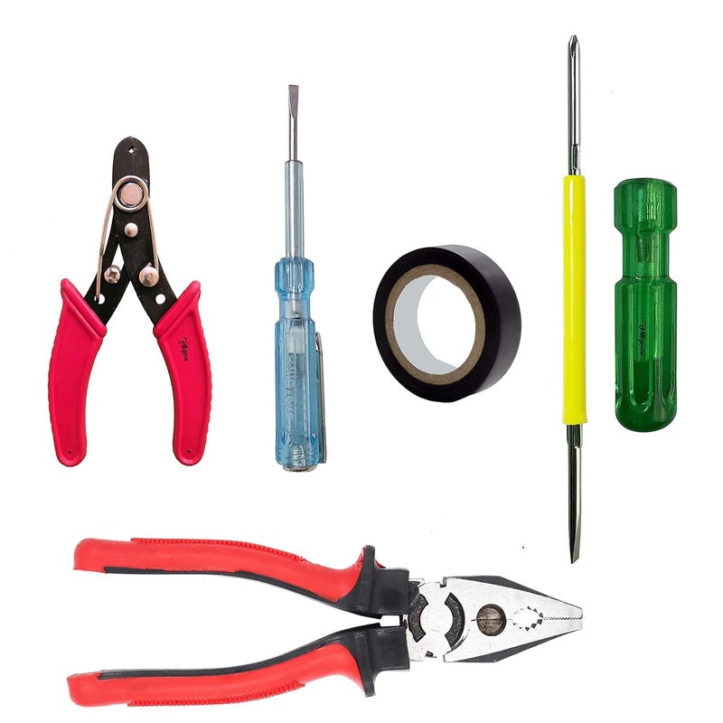 Combo of Plier, 2in1 Screwdriver, Line Tester, Electrical Tape, Wire Cutter Hand Tool Kit (5 Tools), Multicolour  - Image 1