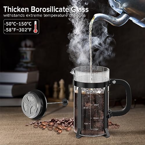 QUQIYSO French Press Coffee Maker 304 Stainless Steel French Press with 4 Filter, Heat Resistant Durable, Easy to Clean, Borosilicate Glass Coffee Press, 100% BPA Free Glass Teapot, 21 ounce, Black - Image 2