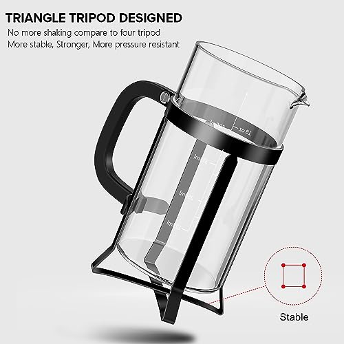 QUQIYSO French Press Coffee Maker 304 Stainless Steel French Press with 4 Filter, Heat Resistant Durable, Easy to Clean, Borosilicate Glass Coffee Press, 100% BPA Free Glass Teapot, 21 ounce, Black - Image 3