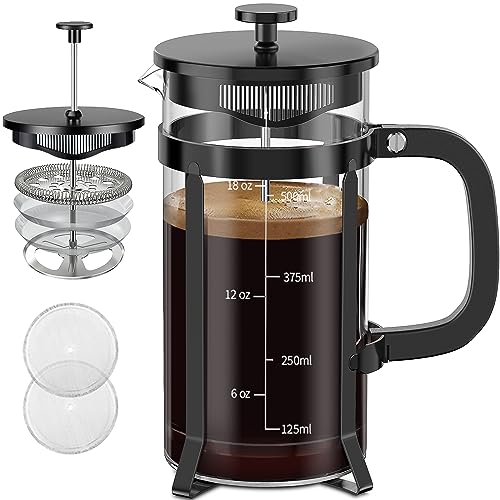 QUQIYSO French Press Coffee Maker 304 Stainless Steel French Press with 4 Filter, Heat Resistant Durable, Easy to Clean, Borosilicate Glass Coffee Press, 100% BPA Free Glass Teapot, 21 ounce, Black - Image 1