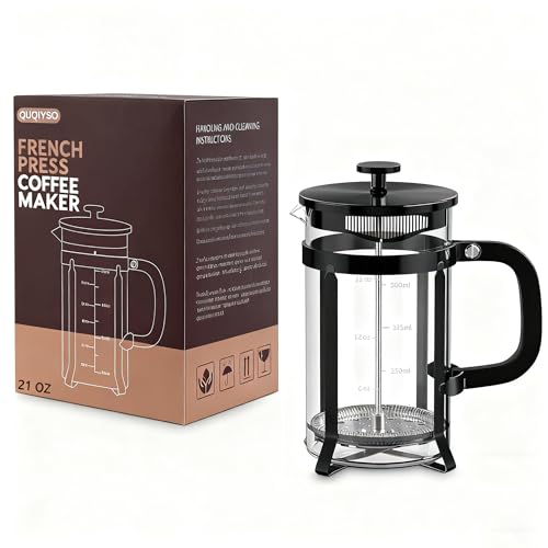 QUQIYSO French Press Coffee Maker 304 Stainless Steel French Press with 4 Filter, Heat Resistant Durable, Easy to Clean, Borosilicate Glass Coffee Press, 100% BPA Free Glass Teapot, 21 ounce, Black - Image 4