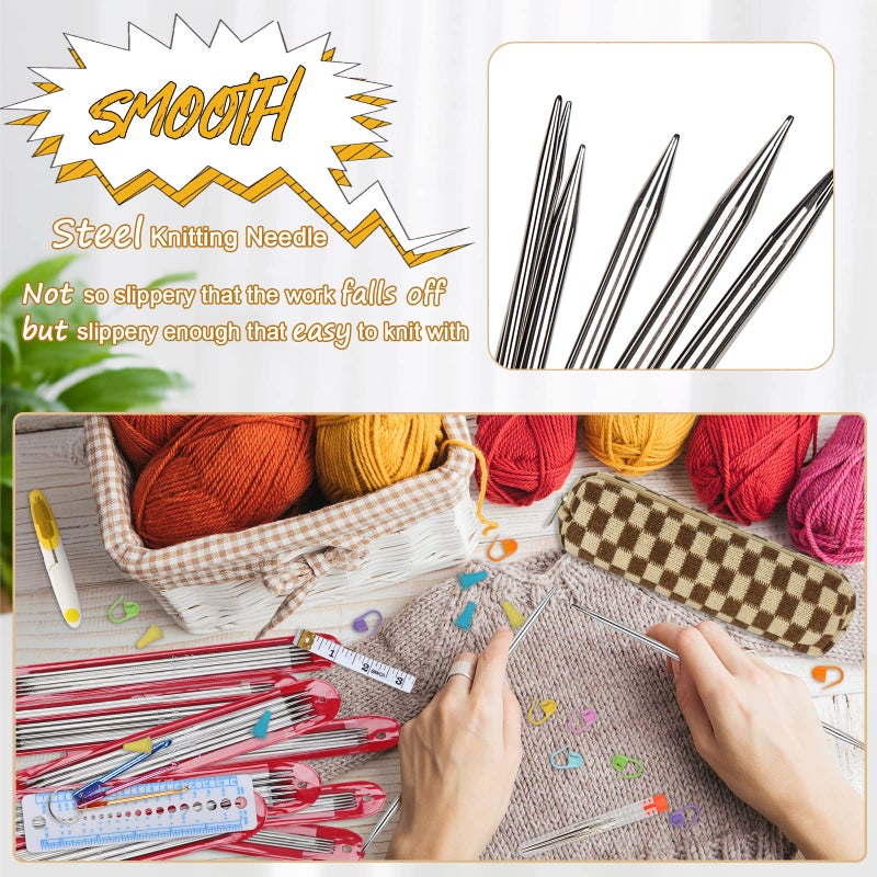 Aeelike 55pcs Double Pointed Knitting Needles - Short Knitting Needles Set Straight Knitting Needles Double Pointed for Beginners - 11 Sizes Stainless Steel Metal Knitting Needle Sets 2mm to 6.5mm - Image 3