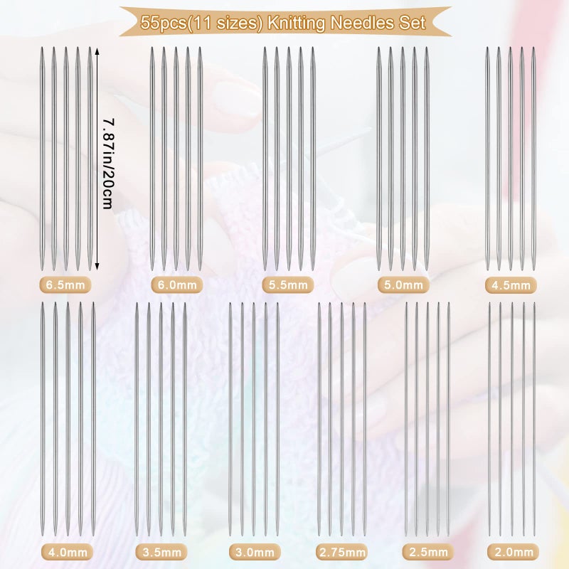 Aeelike 55pcs Double Pointed Knitting Needles - Short Knitting Needles Set Straight Knitting Needles Double Pointed for Beginners - 11 Sizes Stainless Steel Metal Knitting Needle Sets 2mm to 6.5mm - Image 4