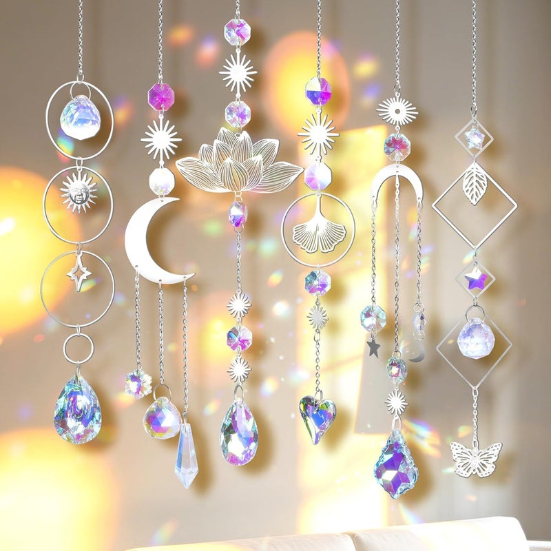 JYNTERPLAY Pack of 6 Sun Catcher Crystal Window Pendants Lotus Beads Window Decoration Hanging Crystals Rainbow Suncatcher for Garden Christmas Gifts Wedding Decoration Silver - Image 1