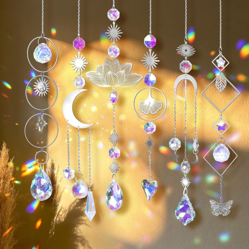 JYNTERPLAY Pack of 6 Sun Catcher Crystal Window Pendants Lotus Beads Window Decoration Hanging Crystals Rainbow Suncatcher for Garden Christmas Gifts Wedding Decoration Silver - Image 4