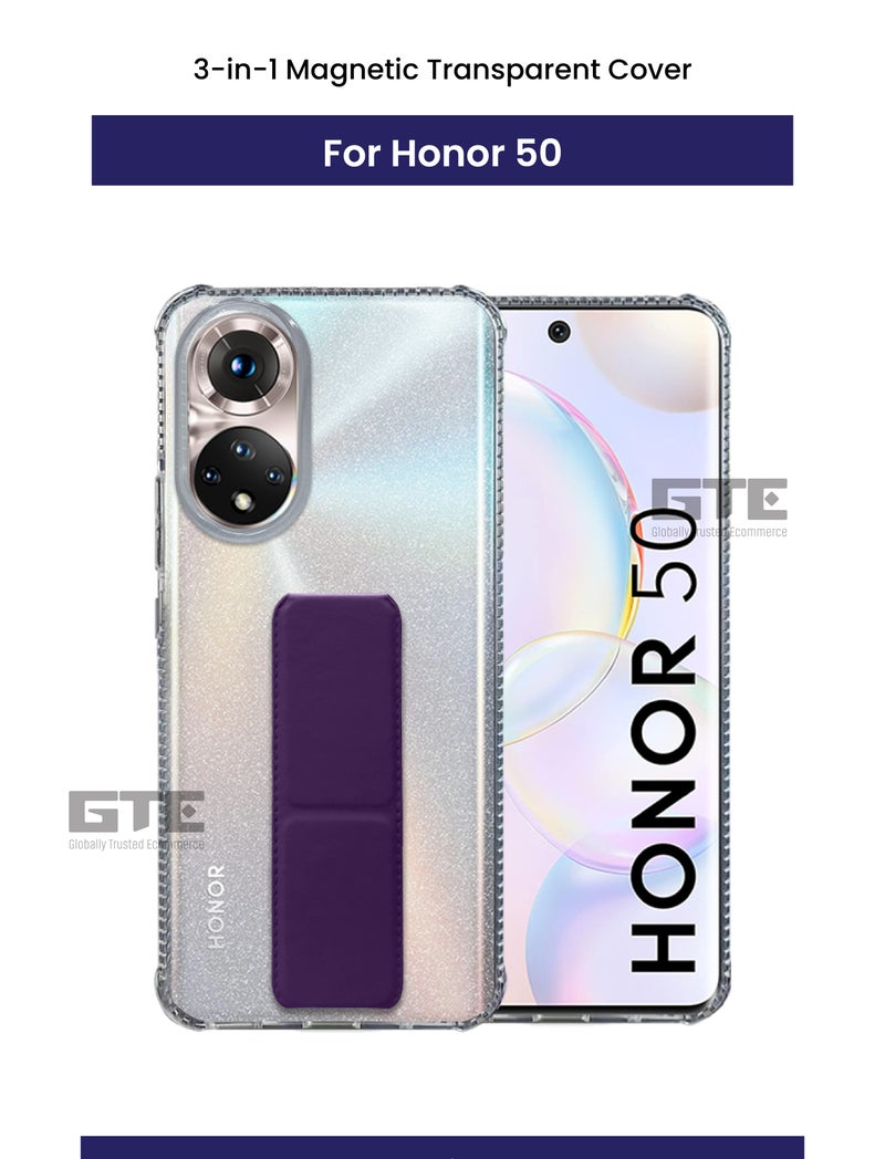 3-in-1 Magnetic Transparent Wrist Strap Hand Grip Stand Back Case Cover for Honor 50 5G, Finger Grip Soft Cover,Stand Holder TPU Case,Kickstand-Clear/Dark Purple