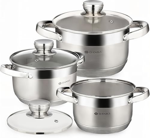 Daniks Standard 6-Piece Stainless Steel Cookware set with Glass Lid, Tri-Ply Bases for Even Heating, Induction Compatible, Dishwasher Safe, Built-In Measuring Scale, Silver - Image 1