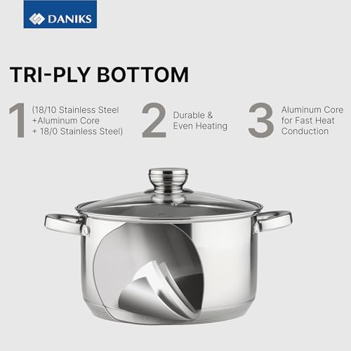 Daniks Standard 6-Piece Stainless Steel Cookware set with Glass Lid, Tri-Ply Bases for Even Heating, Induction Compatible, Dishwasher Safe, Built-In Measuring Scale, Silver - Image 4