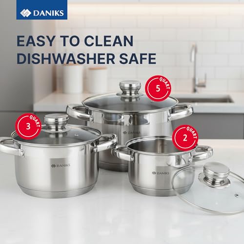 Daniks Standard 6-Piece Stainless Steel Cookware set with Glass Lid, Tri-Ply Bases for Even Heating, Induction Compatible, Dishwasher Safe, Built-In Measuring Scale, Silver - Image 2