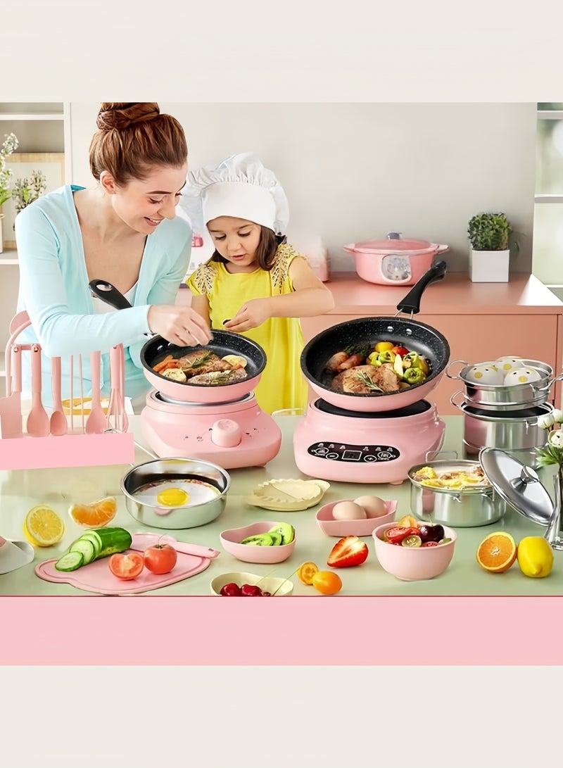 XOI 27PCS Electric Cooking Toys Sets Real Junior Easy Montessori Mini Kitchen Safe Toy Set,Real Food Making for Kids 4 Years+ Beginner Cooking Educational Toys（Pink） - Image 1