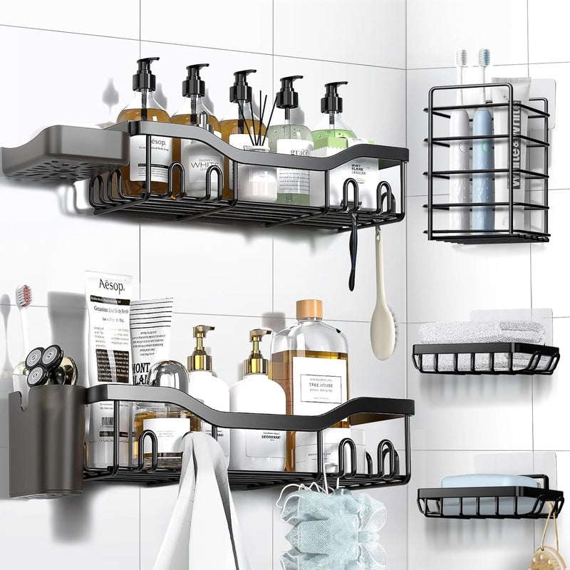NESOMI Shower Caddy Adhesive Shower Shelves, Bathroom Organizer Shower Organizer Rack Black, Wall Shelf for Inside Shower Storage with Soap Holder and 16 Hooks Rustproof Stainless Steel, 2 Pack Large - Image 1