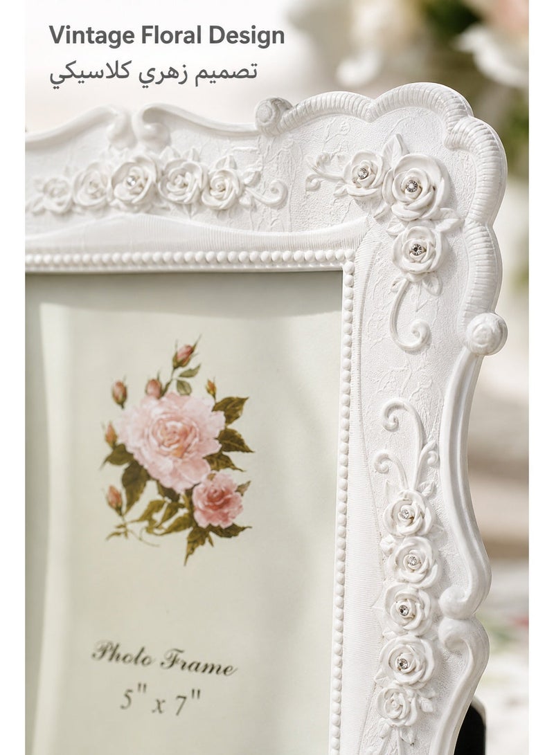 White 5x7 Picture Frame, Vintage Floral Resin Photo Frame with Glass Front, Tabletop Decorative Frame for Bedroom Living Room Home Decor, Fits 13x18cm Photos, Elegant Gift Frame - Image 3
